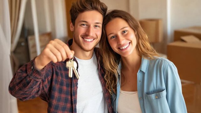 A couple smiles and holds up keys to their new home in a cozy room filled with unpacked boxes after moving in