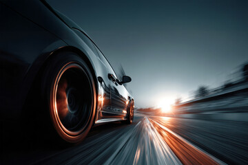 Low-angle view of sports car racing at high speed on track at sunset with motion blur. Motorsport, racing and luxury cars concept