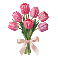 Obraz premium A beautiful bouquet of pink tulips tied with a pale pink ribbon