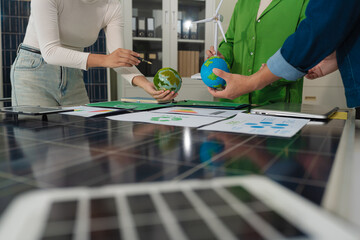 Engineer Teamwork Meeting, with partner on model building at company office working technology, Renewable energy-based green businesses and global warming.