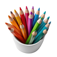 Fototapeta premium Brightly colored pencils artistically arranged in a simple white bowl creating a playful and creative atmosphere for artistic expression.