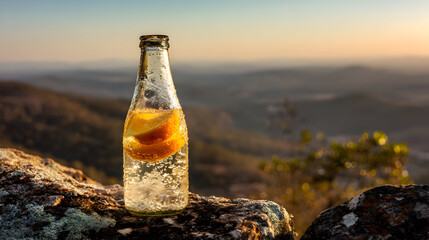Refreshing Sunset: Sparkling Citrus Drink atop Mountain