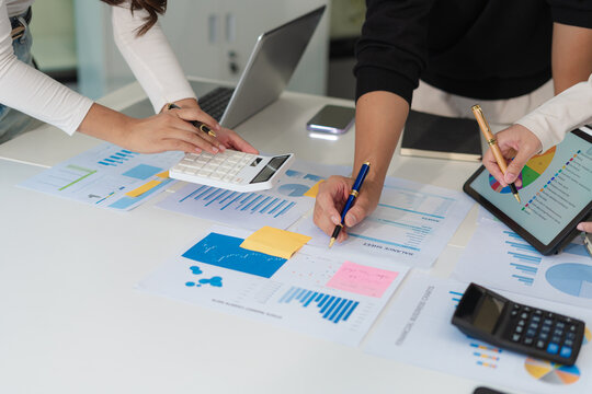 Business team present. investor working new start up project. tablet laptop computer with digital marketing media in virtual icon design Finance managers meeting. - Powered by Adobe