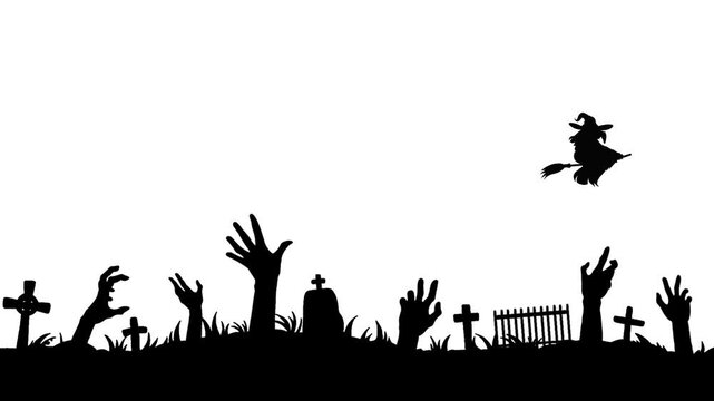 Zombie hand silhouette appearing from grave beside tombstone in spooky cemetery. A witch silhouette flies across the sky. Creepy Halloween horror animation on white background for scary scenes.