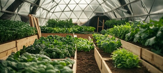 Crop beds inside solar-powered geodesic domes 