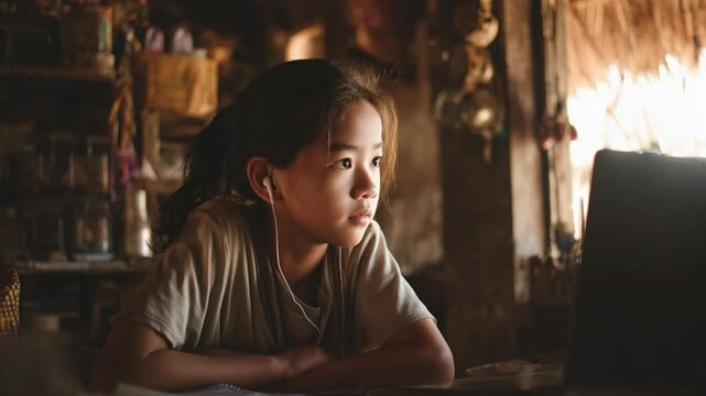 Focused Study: A young student, engrossed in the glow of her screen, epitomizes the spirit of modern learning, earphone. The rustic interior frames her solitary, studious endeavor.