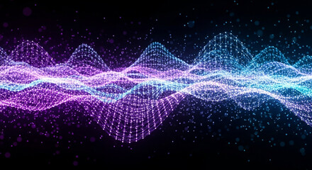 Futuristic Digital Wave with Glowing Nodes and Neon Light Effects in a Dark Virtual Space
