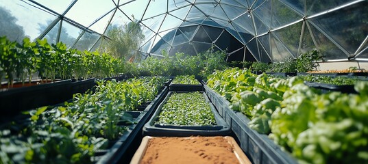 Crop beds inside solar-powered geodesic domes 