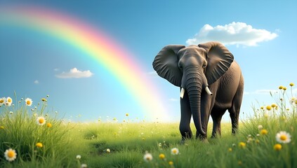 elephant in a meadow with rainbow background