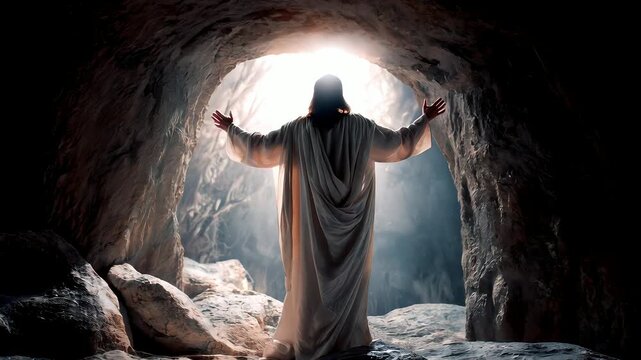 Jesus Christ standing in the tomb with his back to the camera, bright light coming from outside the cave