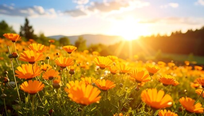 Sunny field of orange flowers