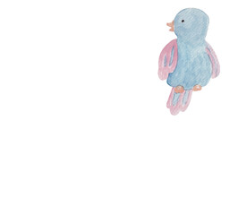 Hand-painted watercolor illustration of a small blue bird with pink wings and tail. Ideal for nursery decor, greeting cards, spring projects, and whimsical nature-themed designs. By me.