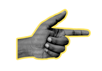 Hand pointing with finger extended, black and white monochrome with yellow outline