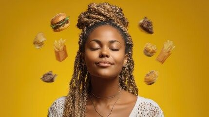Young woman dreaming of junk food with closed eyes on yellow background