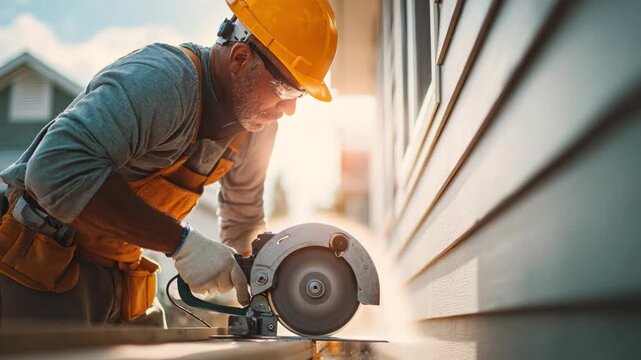 Carpenter's Precision: A focused carpenter, clad in protective gear, expertly wields a circular saw, bringing wood to life amidst the construction of a home.