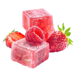 Pink, cubed, fruit-flavored candies, topped with fresh strawberries and raspberries