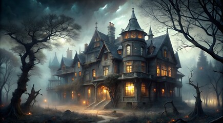A grand, spooky gothic mansion stands ominously in the fog at night, with eerie lights glowing from its windows and gnarled trees surrounding it