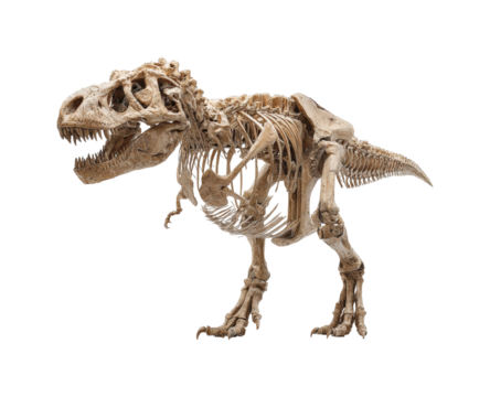 Dinosaur skeleton exhibition natural history museum educational display paleontology isolated on transparent background, png