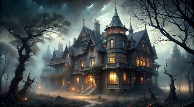 A grand, spooky gothic mansion stands ominously in the fog at night, with eerie lights glowing from its windows and gnarled trees surrounding it
