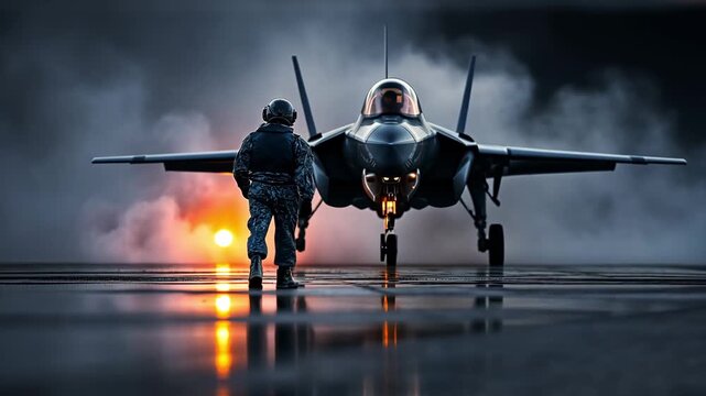 A service member walks towards a fighter jet surrounded by smoke and lights during launch preparations at an airbase in the evening