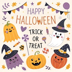 Fototapeta premium Happy halloween trick or treat greeting with cute pumpkins, ghosts in witch hats, and festive decorations, ideal for autumn holiday party invitation