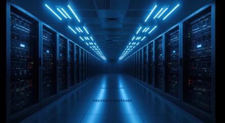 Server room with rows of computer racks illuminated by blue neon lights.