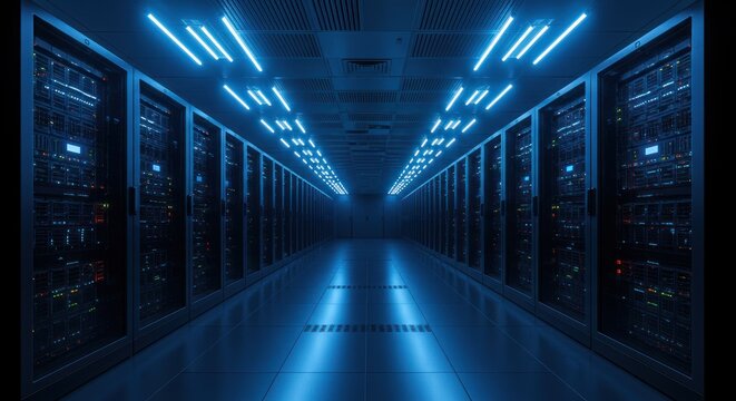 Server room with rows of computer racks illuminated by blue neon lights.