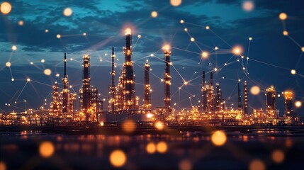 Fototapeta premium Futuristic Glowing Refinery at Night with Connected Dots Concept