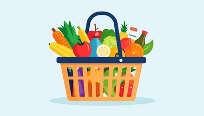 A colorful shopping basket overflowing with fresh groceries, fruits, and vegetables. Concept of healthy eating, nutrition, and a balanced diet.