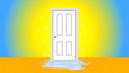 White door in a puddle of water.  Bright background