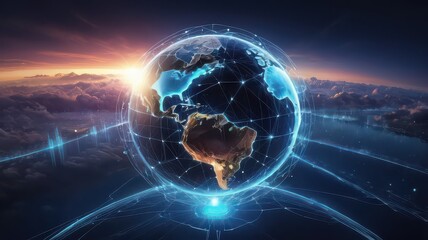 A glowing earth surrounded by a digital network against a cloudy sky at sunset or sunrise view