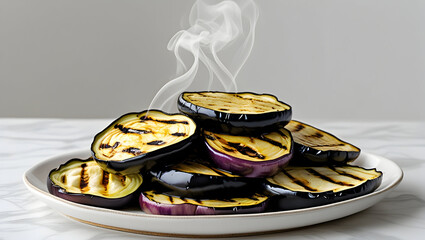 Healthy Food A medley of grilled eggplant rounds stacked on a white platter, golden edges and dark grill marks, steam curls upward in a crisp white background (1)