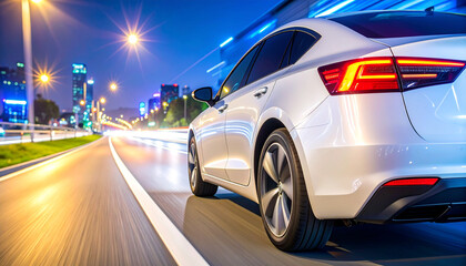 City Drive at Night: A sleek white car speeds down a city street at night. The headlights and taillights leave streaks of light as the car cruises, with the city skyline providing a dynamic backdrop.