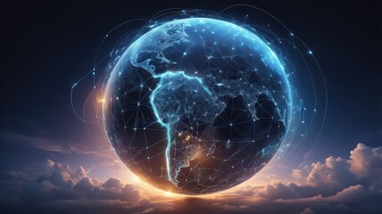Glowing earth globe with network connections against a cloudy sky at sunset digital illustration