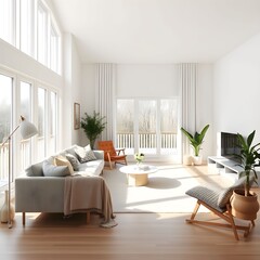 Bright, modern living room with large windows, showcasing a cozy and minimalist interior design.
