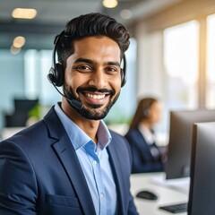 A vibrant and professional American customer care representative is seen smiling warmly while wearing a sleek headset in a modern office setting watch monitor.