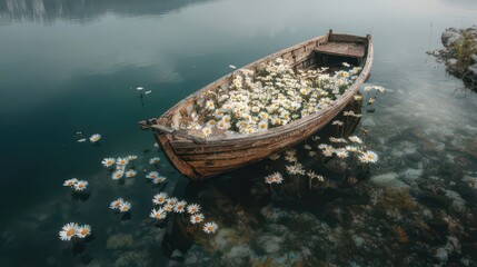 Old wooden boat full of daisies floating on a mountain lake