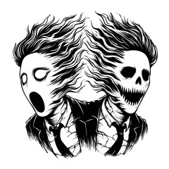 Dual skulls wild hairy chaos, monochrome twin faces in frenzy, haunted Halloween figures stormy hair.