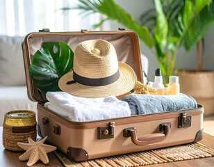 Open suitcase packed for vacation