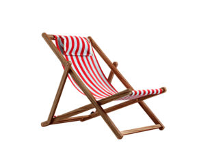 A deck chair with red and white striped pattern, set against a transparent background.