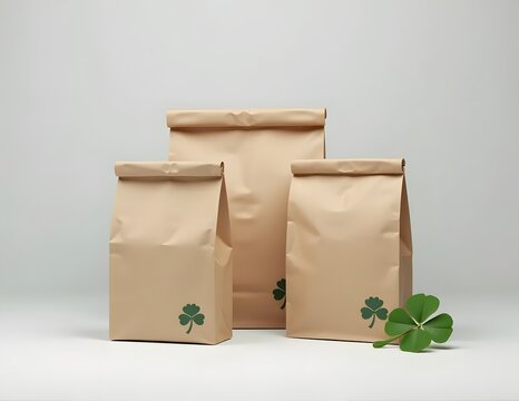 Minimalist 3D image of three kraft paper bags on gray background. Green clover icon on each. One real clover in corner. Soft lighting, eco and calm mood. 4:3 aspect ratio.