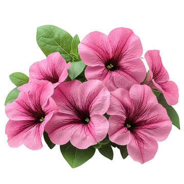 Cluster of vibrant pink petunia flowers with green leaves isolated on a transparent background isolated on transparent background