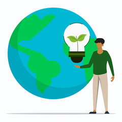 A man holding eco lightbulb with big icon of earth. Green energy concept. Save earth.