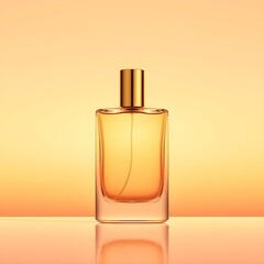 A clear glass perfume bottle, golden cap, sits on a reflective surface against a gradient peach background.