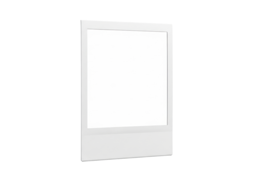 An empty, blank instant photo print frame with a crisp white border, wider at the bottom, vacant internal area, isolated cleanly against a transparent background with no shadows, in a 3/4 view product