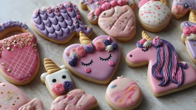Beautifully decorated unicorn cookies in pastel colors showcase creativity and delight.