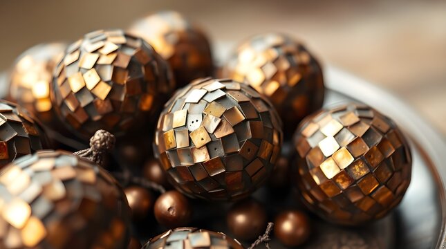 A collection of small, spherical objects covered in copper squares creates a reflective mosaic pattern. The arrangement on a tray highlights the metallic sheen and intricate design.