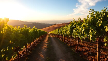Fototapeta premium A sunlit vineyard path stretches towards the horizon, showcasing lush grapevines.