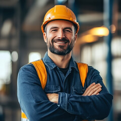 Portrait of factory worker. Young handsome factory worker.
