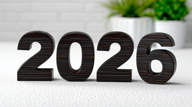 The year 2026 is written in a unique way using wooden letters. The letters are arranged in a way that they form a block, with each letter being a different size. The image has a minimalist